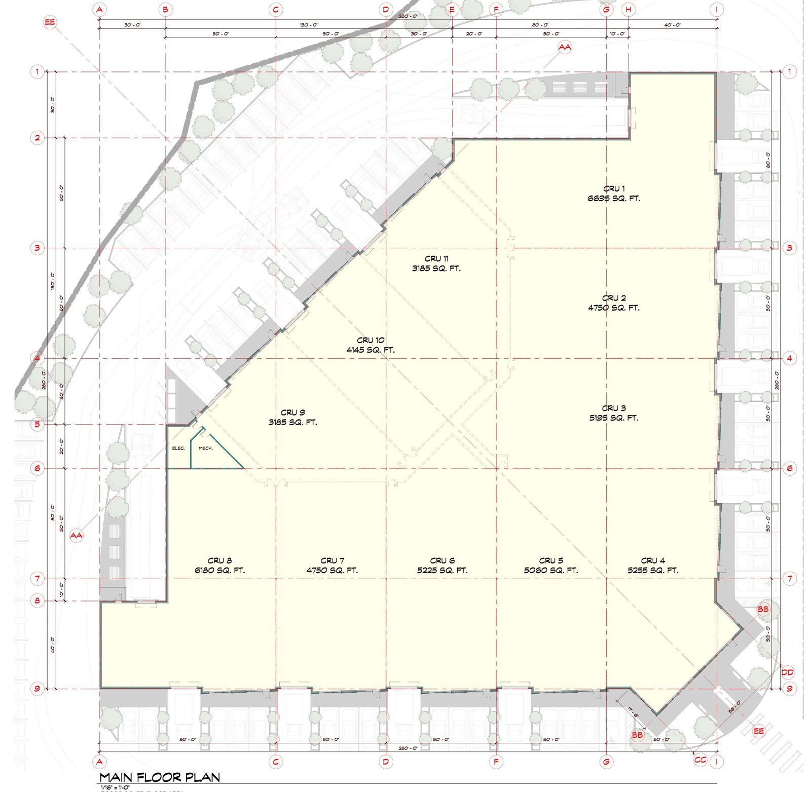 Main floor plan of the 56,060 square foot building at 44921 Commercial Court, Chilliwack, showing units CRU 1 to CRU 11